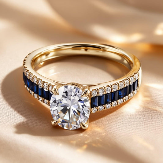 The Ocean Aurora | 1 Carat Round Moissanite & Blue Baguette Ring.