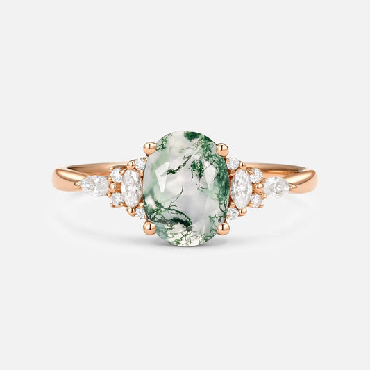Sylvie’s Dew | Classic Oval Moss Agate Engagement Ring with Diamond Accents.