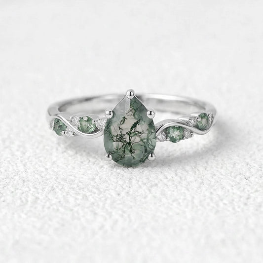Flora’s Sprig | Pear Cut Moss Agate Engagement Ring