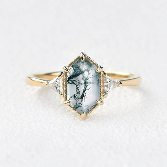 Vintage 1.5CT Geometric Moss Agate Three-Stone Ring