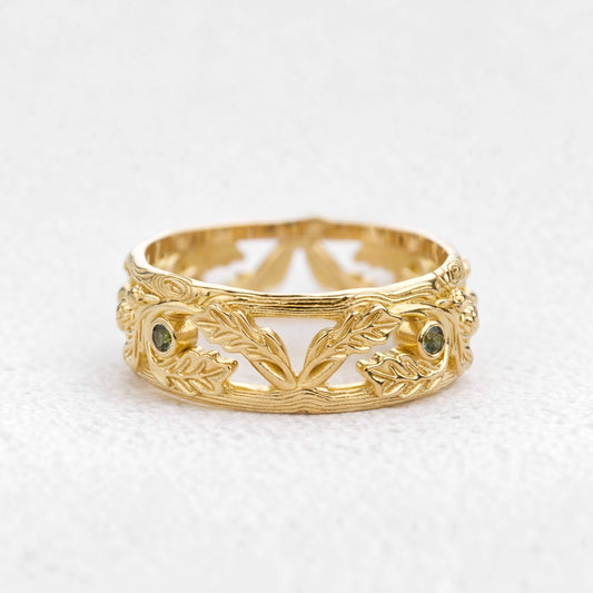 The Hollow Oak | Openwork Teal Sapphire Accented Acorn Men's Wedding Band.