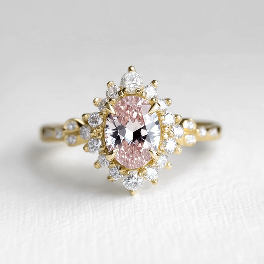 Lyra’s Halo | 1CT Oval Cut Pink Sapphire Halo Engagement Ring.