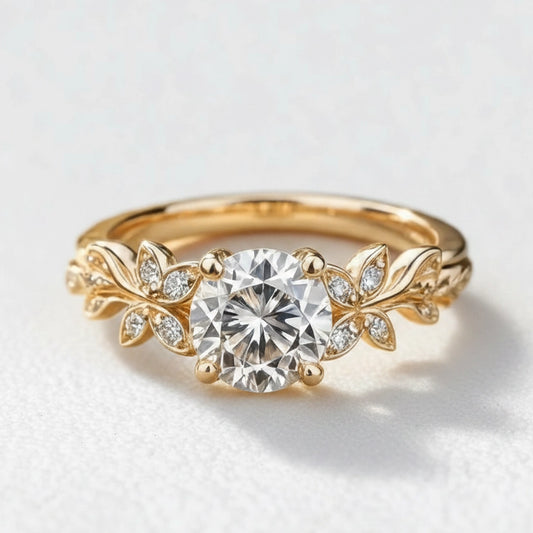 Flora’s Sprig | Round Cut Diamond Leafy Engagement Ring.