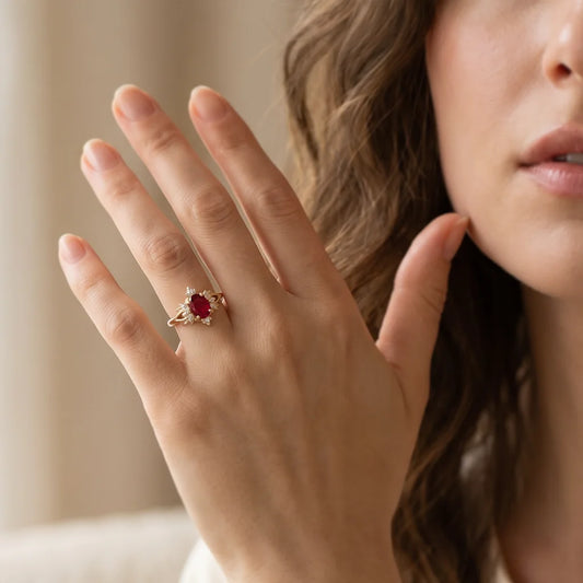 Roselight Briar | Oval Ruby Engagement Ring with Scattered Diamond Leaves