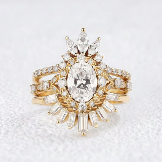 Victoria’s Coronet | Oval Cut Moissanite Sunflower Ring Set 3pcs