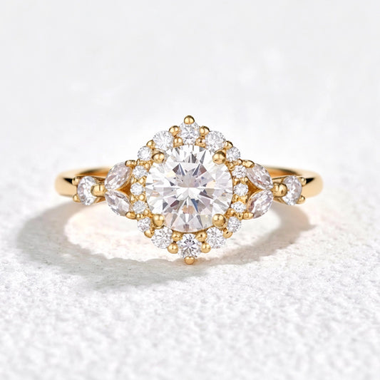 Aurora’s Radiance | Vintage Round Diamond Halo Engagement Ring.