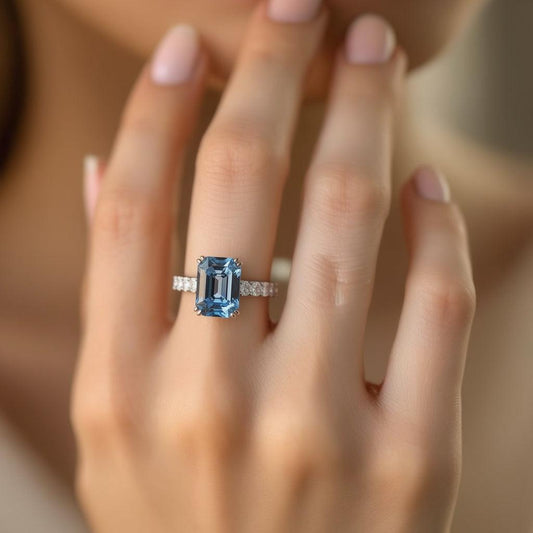 Marina‘s Aegean | 3CT Emerald Cut Blue Gemstone Ring.