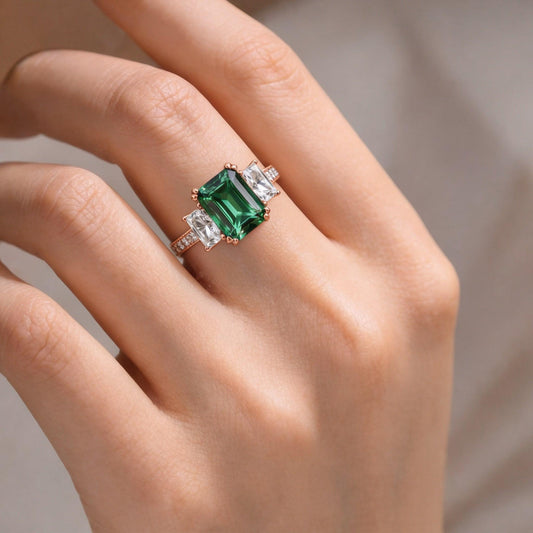 Cleo's Regal | 3CT Baguette Emerald Solitaire Statement Ring.