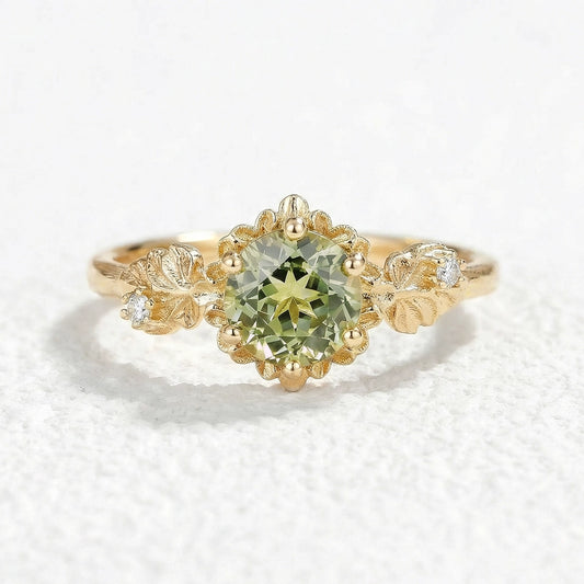 Sylvie’s Blossom |Round Green Sapphire Floral Engagement Ring
