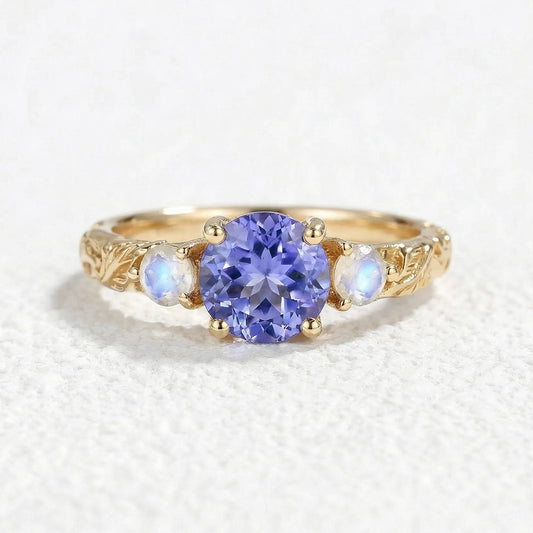 Selene’s Deep | Round Tanzanite & Moonstone Cluster Ring