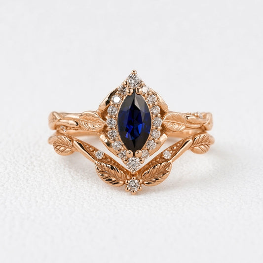 Victoria’s Diadem | Marquise Cut Sapphire & Diamond Halo Bridal Set 2pcs.