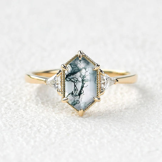 Vintage 1.5CT Geometric Moss Agate Three-Stone Ring