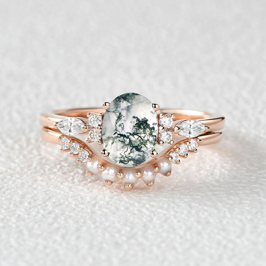 1.5ct Oval Cut Moss Agate & Pearl Engagement Ring Set 2pcs.