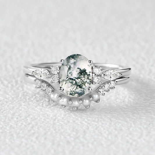 1.5ct Oval Cut Moss Agate & Pearl Engagement Ring Set 2pcs.