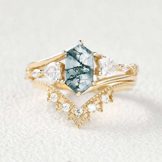 Hexagon Moss Agate Art-Deco Engagement Ring Set 2pcs
