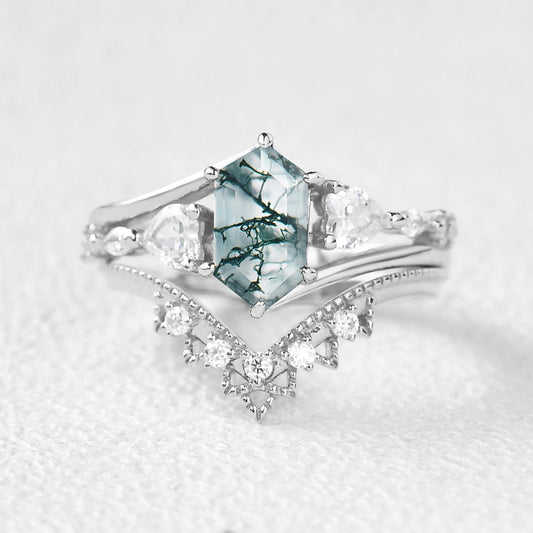 Hexagon Moss Agate Art-Deco Engagement Ring Set 2pcs