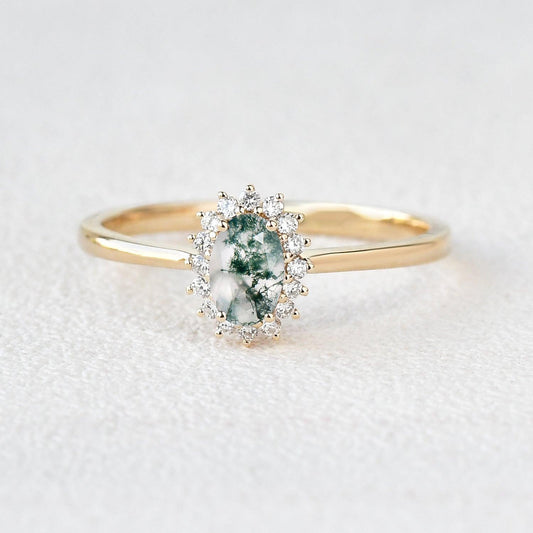 Lewis Grove | Oval Moss Agate & Moissanite Engagement Ring.