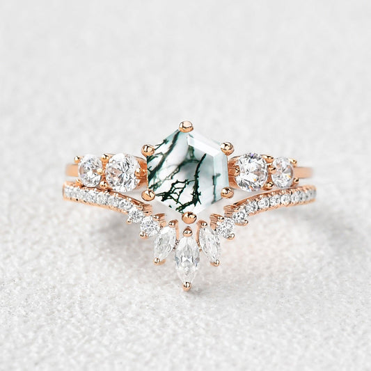 Round Staccato Hexagon Moss Agate Engagement Ring Set 2pcs.