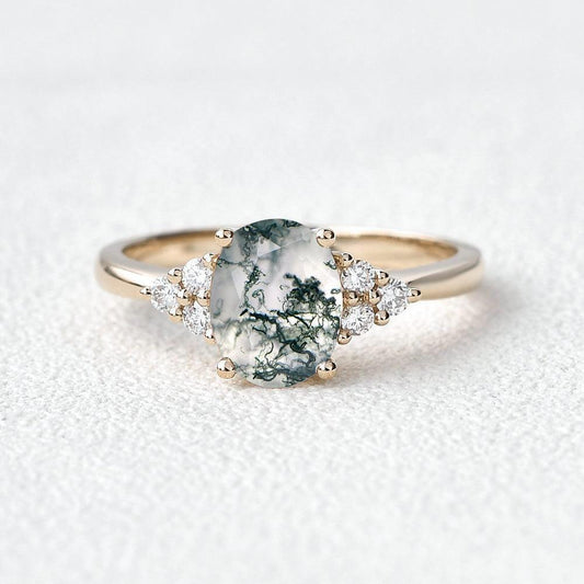 Aurora’s Dew | Oval Moss Agate Classic Cluster Engagement Ring