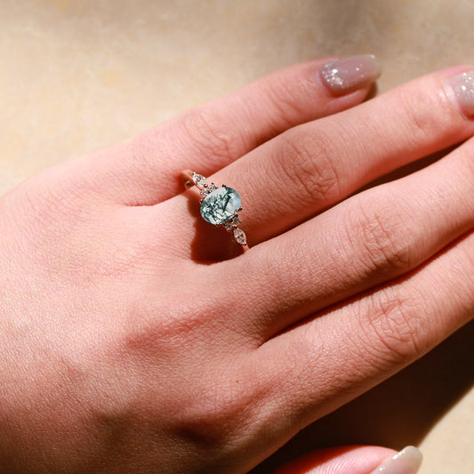 Oval Moss Agate Classic Engagement Ring