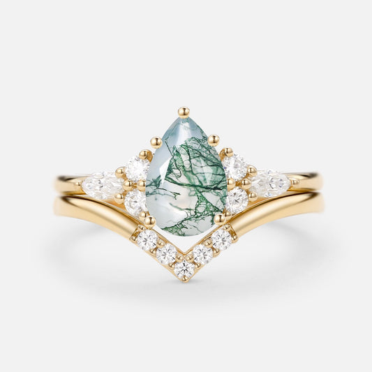 Sienna Pear Cut Moss Agate Cluster Ring Set 2pcs