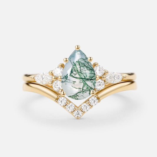 Sienna Pear Cut Moss Agate Cluster Ring Set 2pcs.