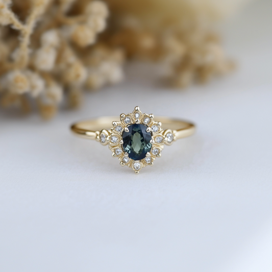 Aurelia’s Vow | Oval Blue Sapphire Halo Engagement Ring