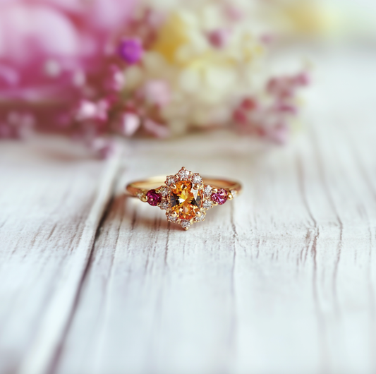 Flora's Wreath | Oval Mandarin Garnet & Multi‑Stone Halo Engagement Ring