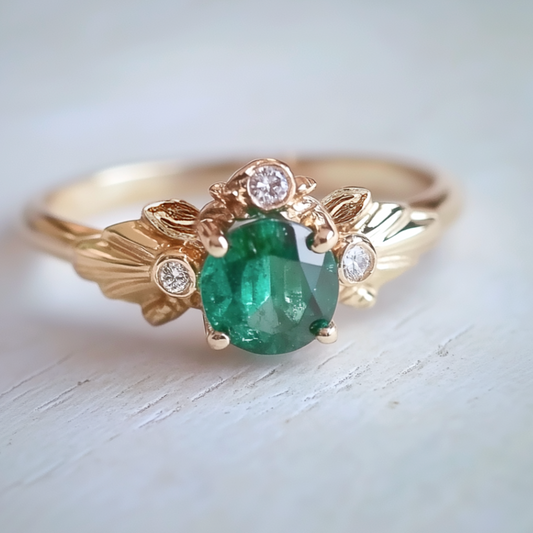 Eve’s Laurel | Emerald Engagement Ring with Diamond Leaf Setting