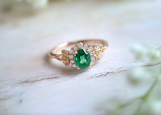 Isolde’s Halo | Rectangular Emerald Engagement Ring with Diamond Halo