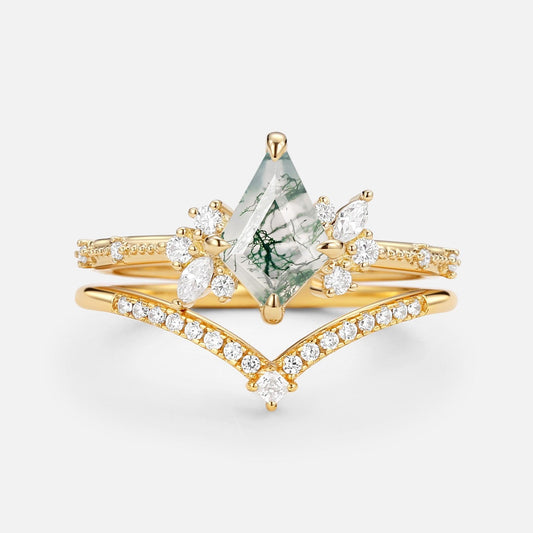 Kite Cut Unique Moss Agate & Moissanite Engagement Ring Set 2pcs.