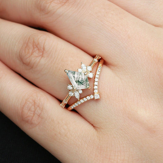 Kite Cut Unique Moss Agate & Moissanite Engagement Ring Set 2pcs.