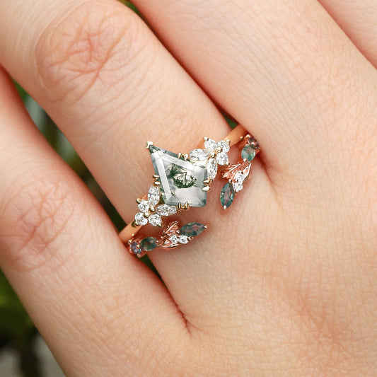 Zephyr Kite Cut Moss Agate Leafy Engagement Ring Set 2pcs