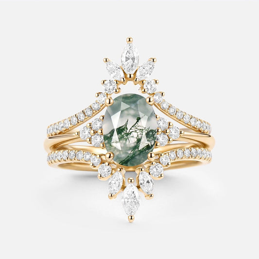 Thalia’s Reverie | Oval Cut Moss Agate Classic Cluster Bridal Set 3pcs.