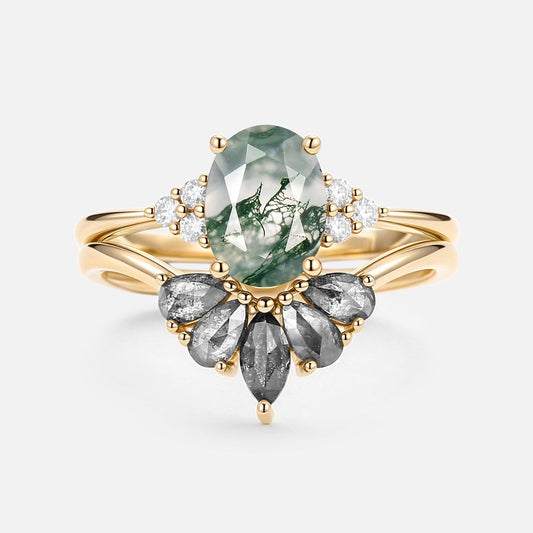 Thalia’s Harmony | Oval Cut Moss Agate & Salt and Pepper Diamond Bridal Set 2pcs.