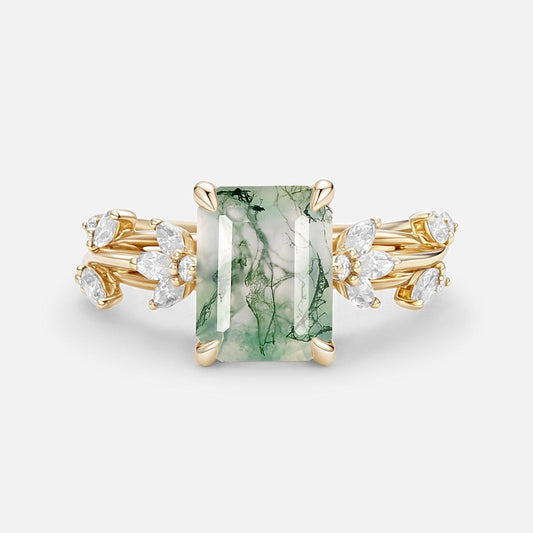 Nature Inspired Emerald Cut Moss Agate Engagement Ring.