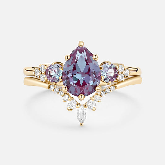 Sylvie’s Frond | Pear Alexandrite Cluster Bridal Set 2pcs