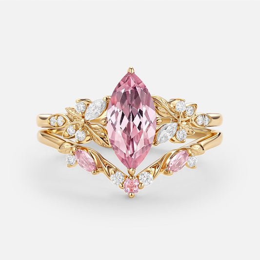 Peony's Bloom | Marquise Pink Sapphire Bridal Set 2pcs
