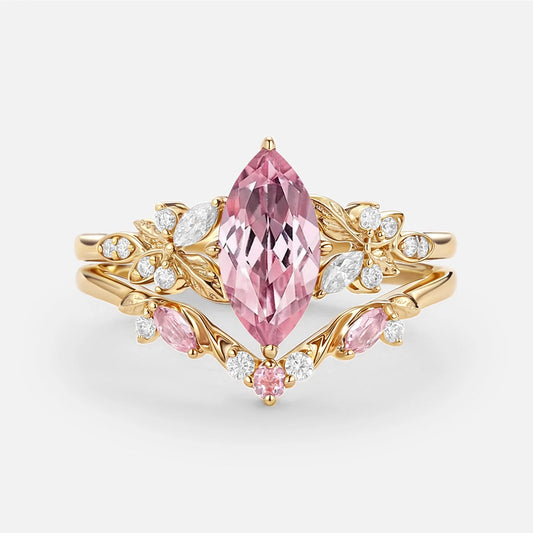 Peony's Bloom | Marquise Pink Sapphire Bridal Set 2pcs