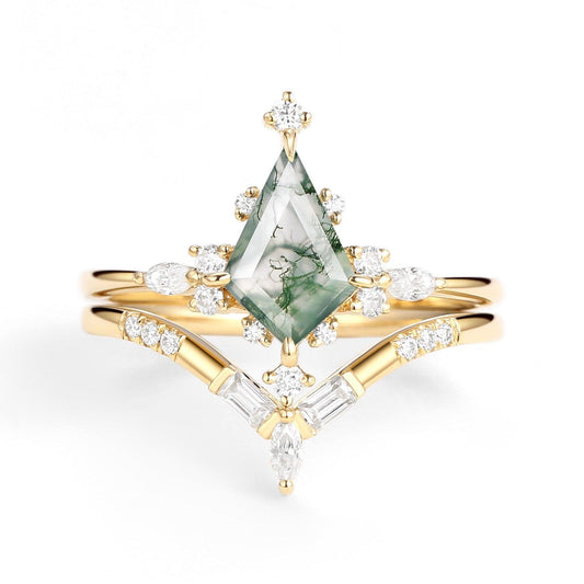 Isla Unique Moss Agate Star Kite Engagement Ring Set 2pcs.