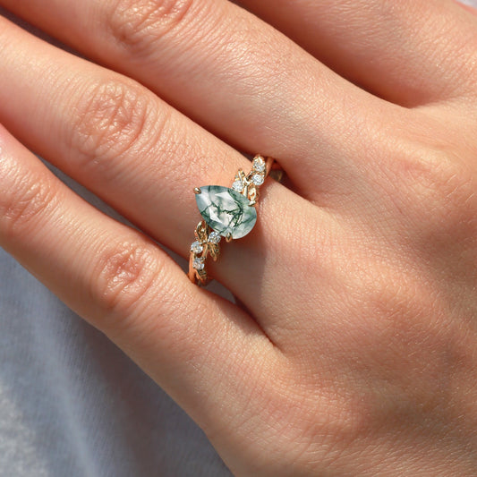 Nature Inspired Pear Cut Infinity Moss Agate Ring