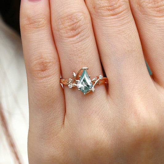 Hazel’s Whisper | Kite Cut Moss Agate Engagement Ring.