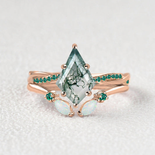 Kite Cut Moss Agate & Emerald & Opal Engagement Ring Set 2pcs.