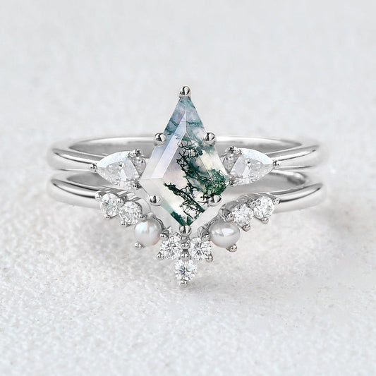 Kite Cut Moss Agate Pearl Stacking Engagement Ring Set 2pcs