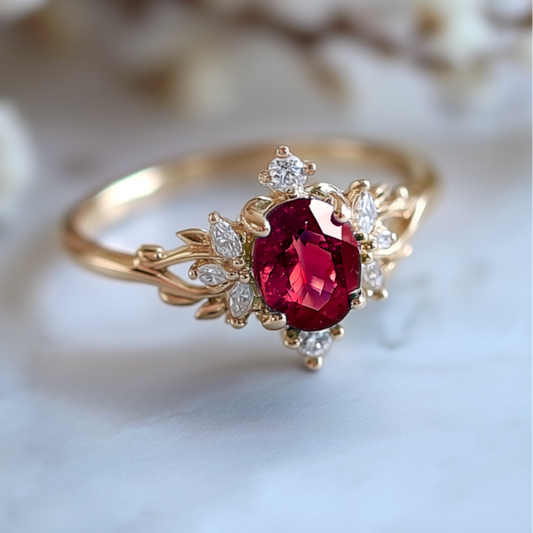 Roselight Briar | Oval Ruby Engagement Ring with Scattered Diamond Leaves