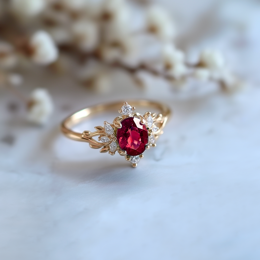 Roselight Briar | Oval Ruby Engagement Ring with Scattered Diamond Leaves