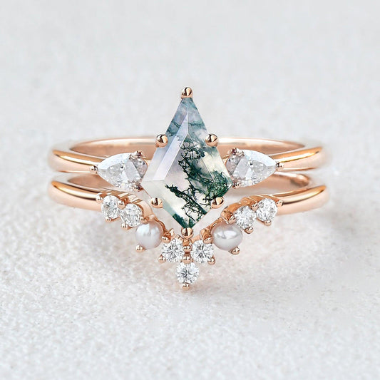 Kite Cut Moss Agate Pearl Stacking Engagement Ring Set 2pcs