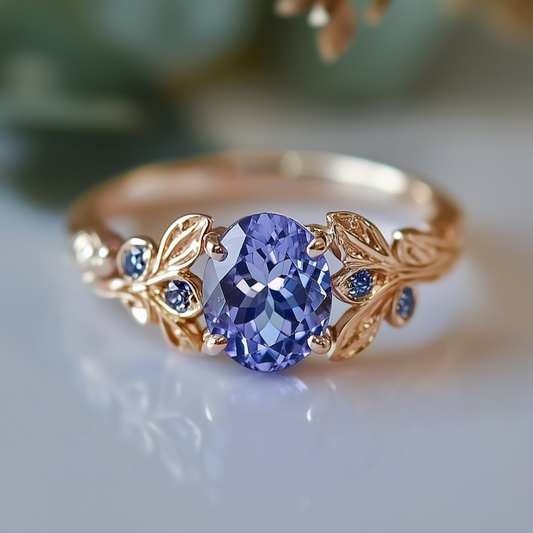 Aria‘s Glade | Oval Cut Tanzanite & Blue Diamond Leaf Engagement Ring