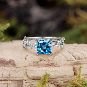 Nature Inspired Princess Cut Moss Agate Leafy Engagement Ring.