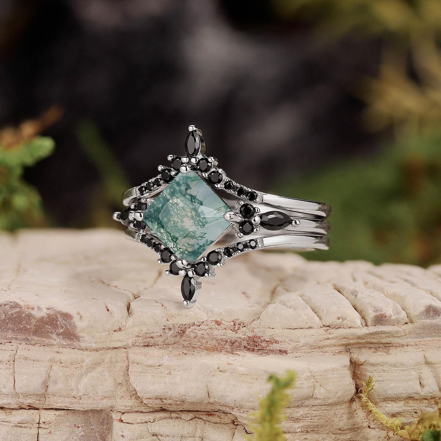 Nature Inspired Square Cut Moss Agate Leaf and Vine Promise Ring Set.